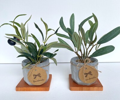 Artificial Mini Olive Tree in Handmade Pot with Wood Coaster - Small Faux Olive Tree - image1
